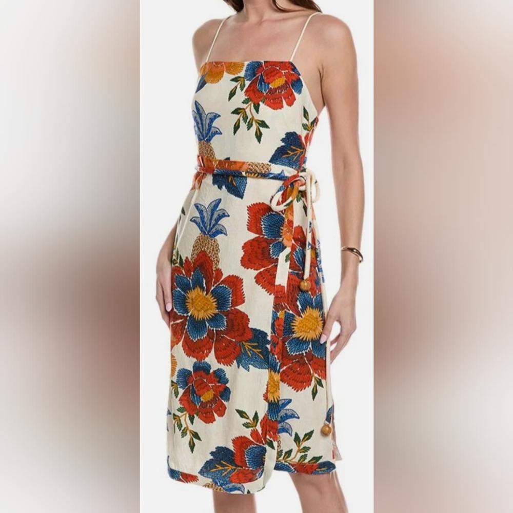 Farm Rio Pineapple Flowers Wrap Linen Blend Midi Dress - Sz M